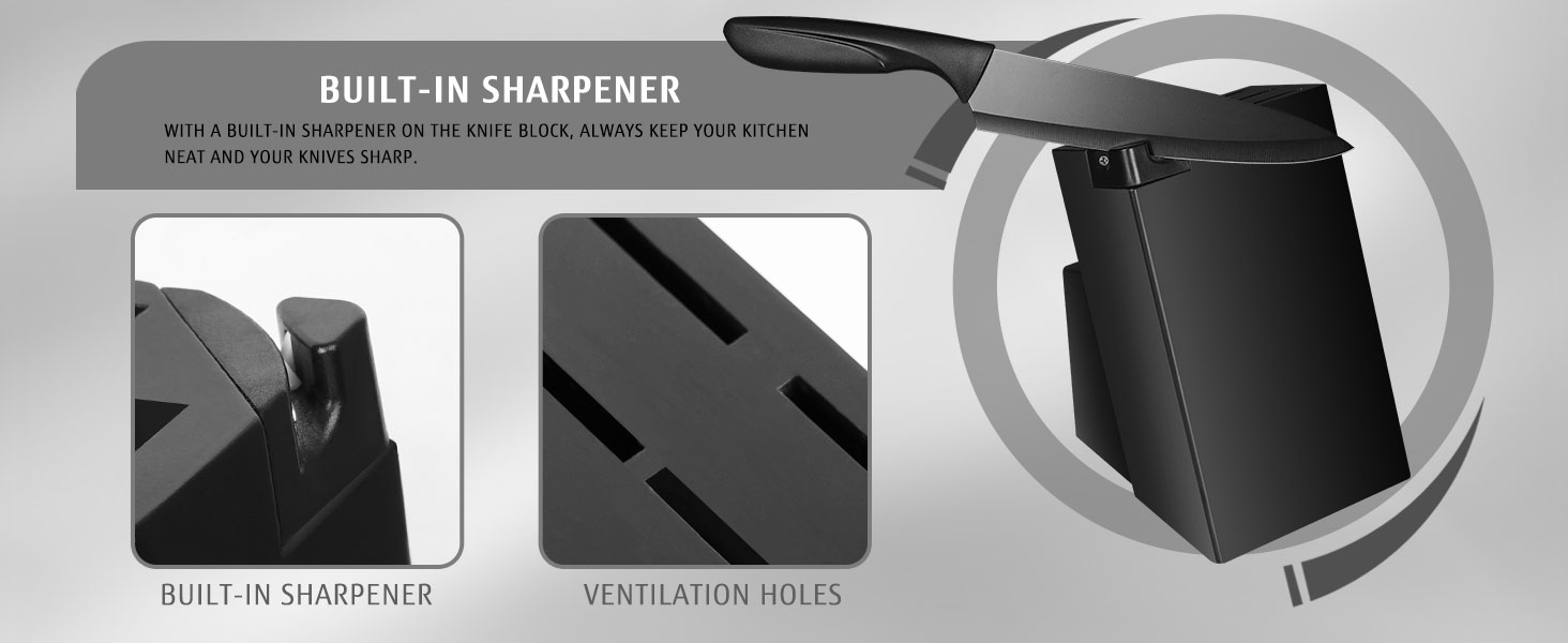 Набір кухонних ножів Hecef 15 предметів з бруском, чорний, з антипригарним покриттям, можна мити в посудомийній машині, самозаточуваний брусок, ергономічні ручки, кухонний набір ножів для початківців та кулінарів-ентузіастів