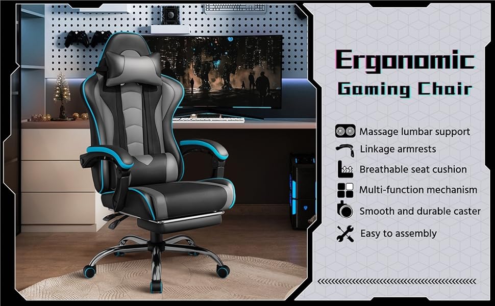 Ігровий крісло Yaheetech з масажем, регульованою спинкою 90-135°, з підніжкою. Білий (Чорний/Сірий)