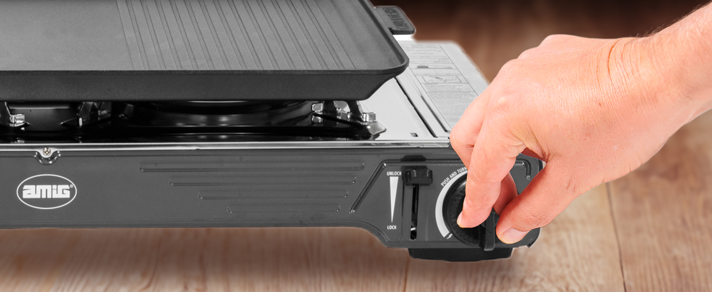 Газовий балонний пальник Amig CAMP01 з 1 конфоркою, вбудованим вітрозахистом та нержавіючою сталею, 2.2 кВт, сумісний з картриджами B-250