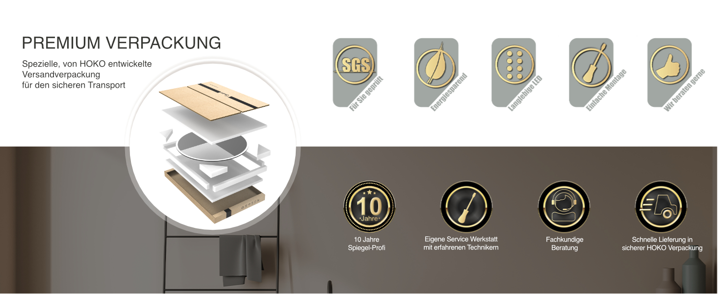 Дзеркало для ванної кімнати HOKO Design Riga, кругле, 60 см, з металевим каркасом Gold. LED-підсвічування, сенсорне керування, зміна кольору світла (тепле, холодне, нейтральне). 60 x 60 см