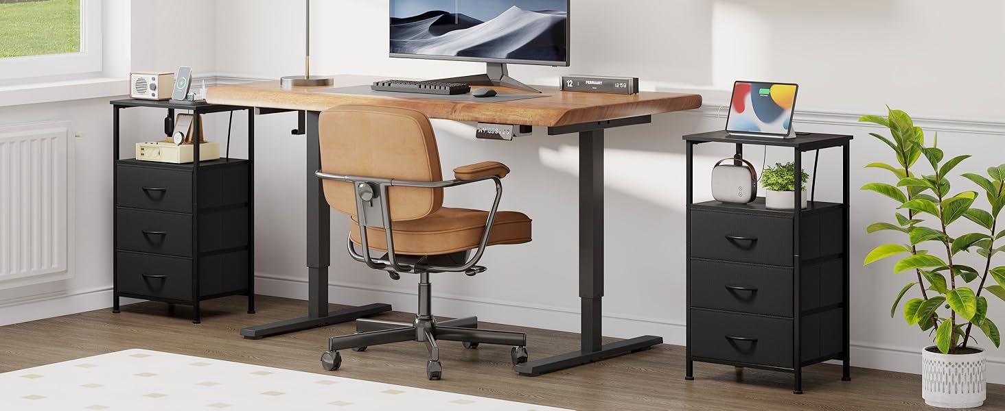 Нічний столик Somdot з підзарядкою, LED, розеткою (USB, Type-C) для спальні, вітальні, дитячої кімнати, чорний, 30x40x60/72 см (2/3 ящики)