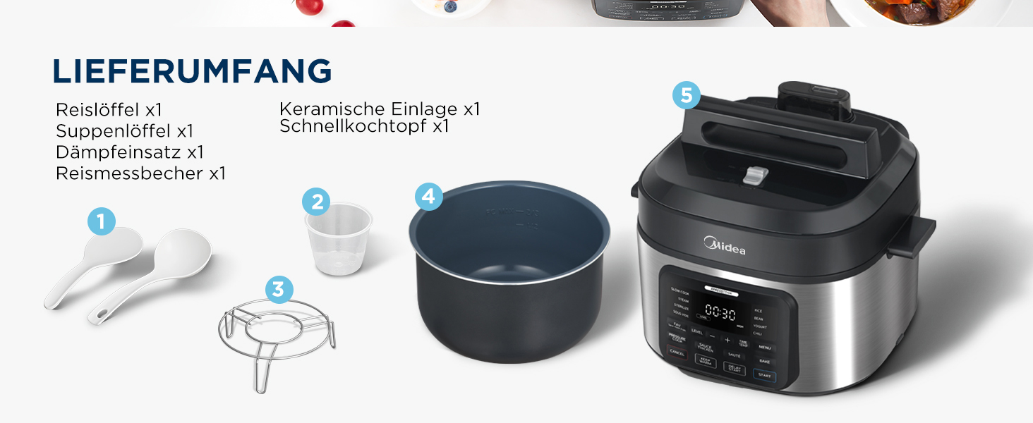 Мультиварка Midea 9-в-1, 6л, 12 функцій, електроскороварка (приготування на повільній варці, рисоварка, су-від, випічка), 70% швидше, нержавіюча сталь з покриттям, чорний