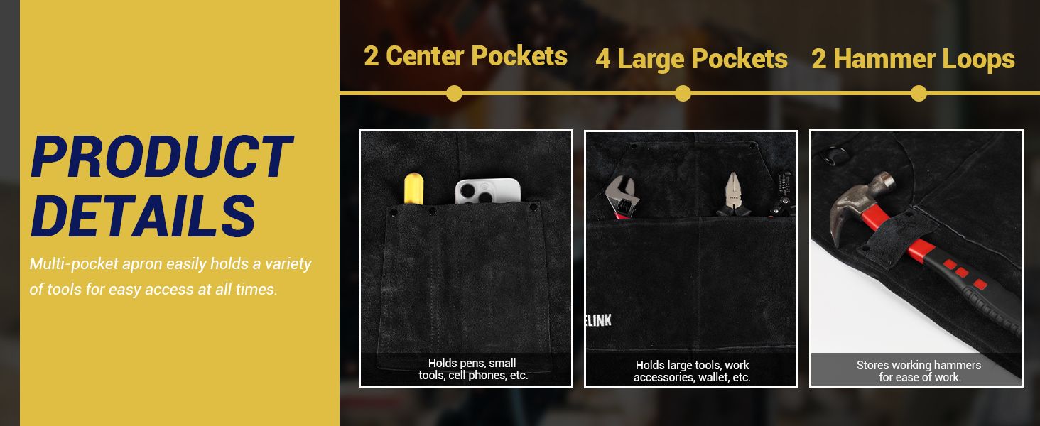 Зварювальна шкура QeeLink зі зварювальними рукавичками - шкіряна шкура з 6 кишенями, вогнестійка та термостійка робоча шкура (Чорний - 61 x 91 см)