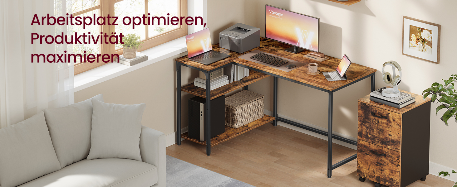 Кутовий стіл VASAGLE L-подібний для дому та офісу, комп'ютерний стіл з полицями, 120 x 80 см, вінтажний коричневий (LWD136KD01)