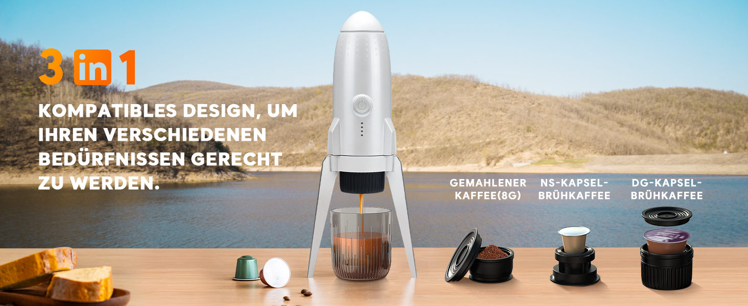 Кавомашина портативна 3-в-1 електрична для еспресо, сумісна з Nespresso, кавою меленою та Dolce Gusto, з USB-C та автоадаптером, 19 бар, сіро-блакитна