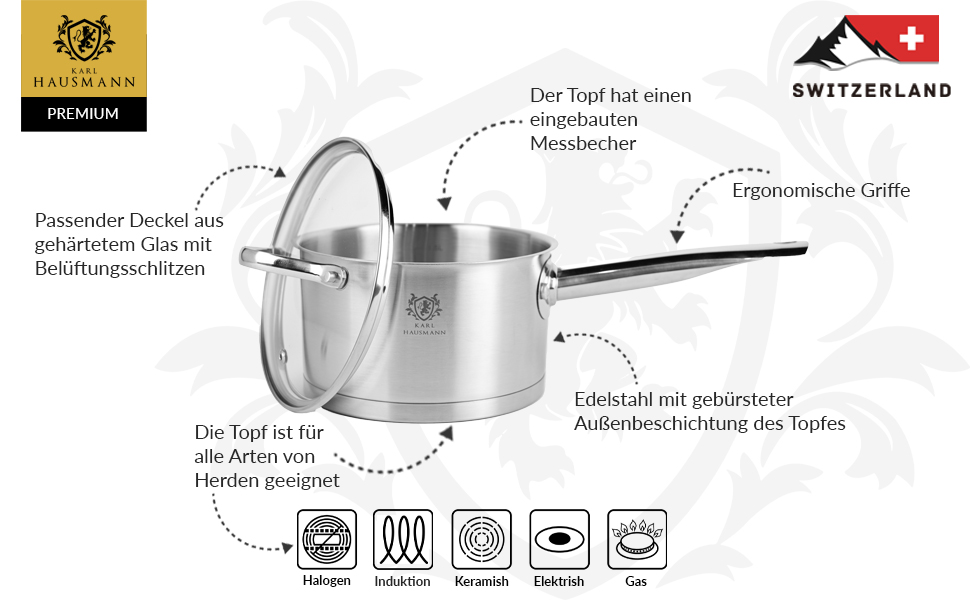 Нержавіюча каструля Karl Hausmann 3.6L з нержавіючої сталі з кришкою (діаметр 20 см) - для всіх типів плит, включаючи індукцію. Ідеально підходить для супу та пасти.