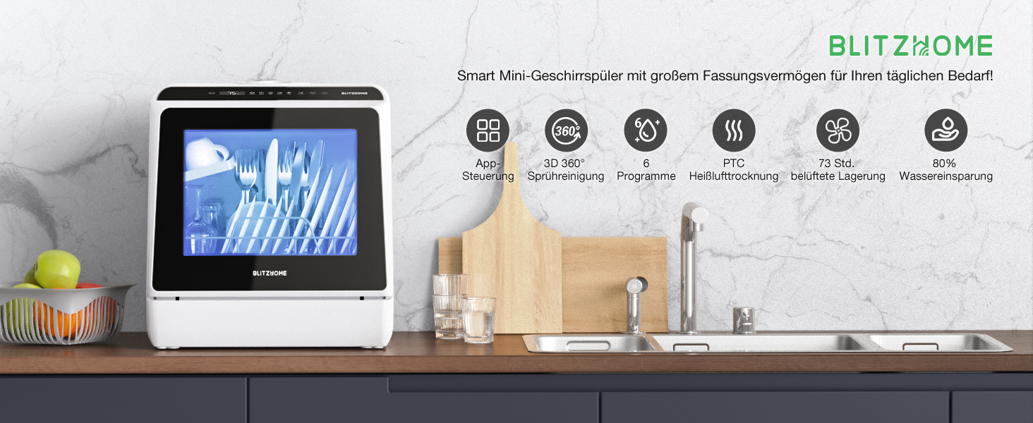 BLITZHOME Міні посудомийна машина з керуванням через додаток, 6 програм, портативна, 5л бак, з/без підключення до води, функція сушіння, для кемпінгу