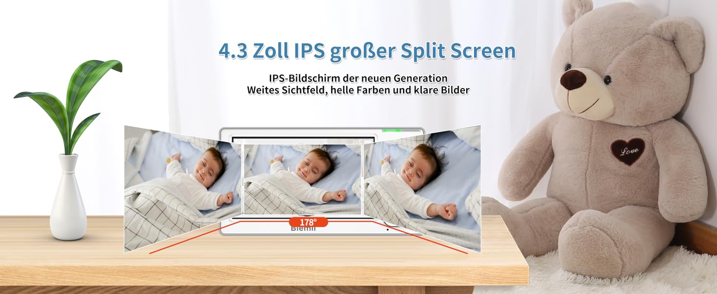 Відеоняня Blemil з 2 камерами, 4.3'' IPS монітором Split-Screen, зумом 2X та акумулятором на 29 годин, функція повороту та нахилу (без Wi-Fi)