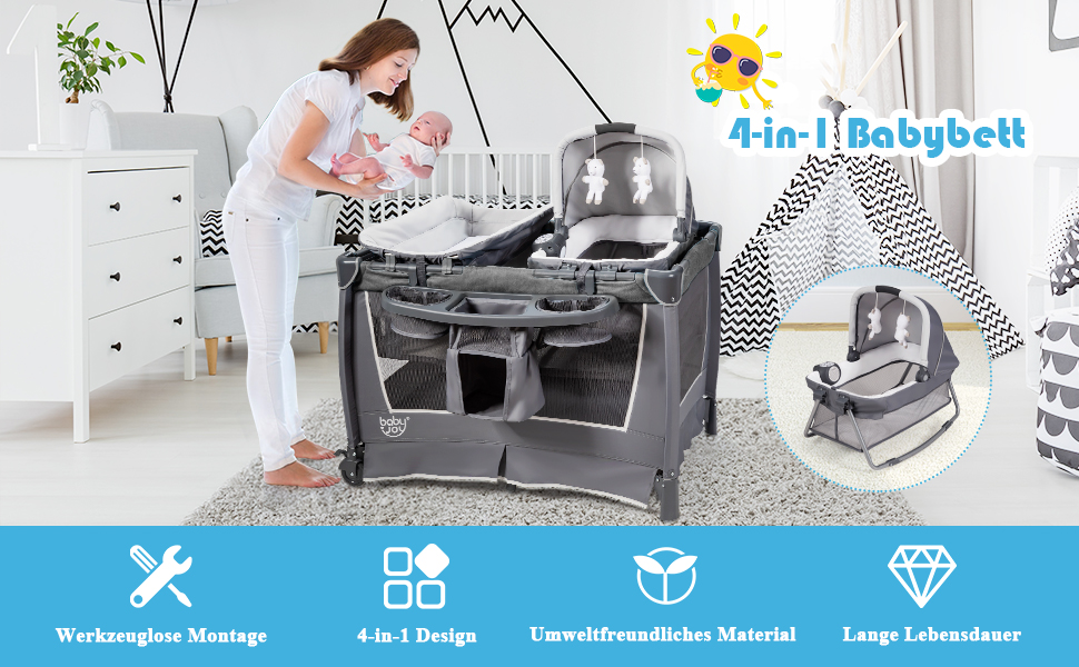 Дитяче туристичне ліжко COSTWAY 5 в 1 з матрацом, сірим кольором, до 15 кг, з пеленатором та іграшкою