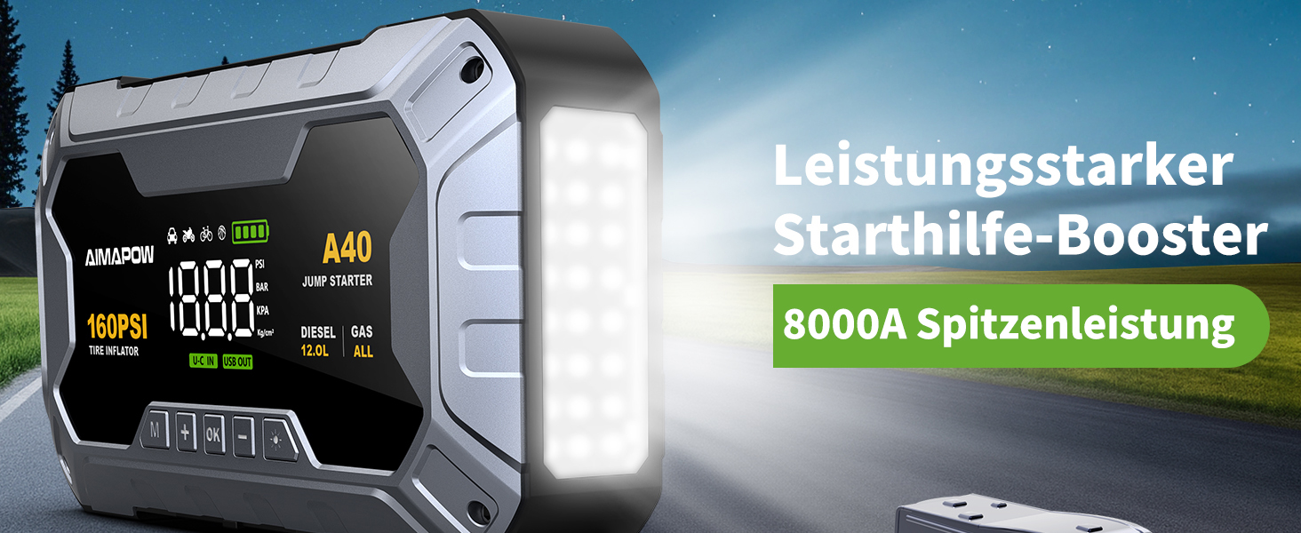 Powerbank для автомобіля AIMAPOW Starthilfe 8000A з компресором та LED-ліхтарем, 27000mAh, 160PSI, для бензинових та дизельних двигунів (до 12.0L)