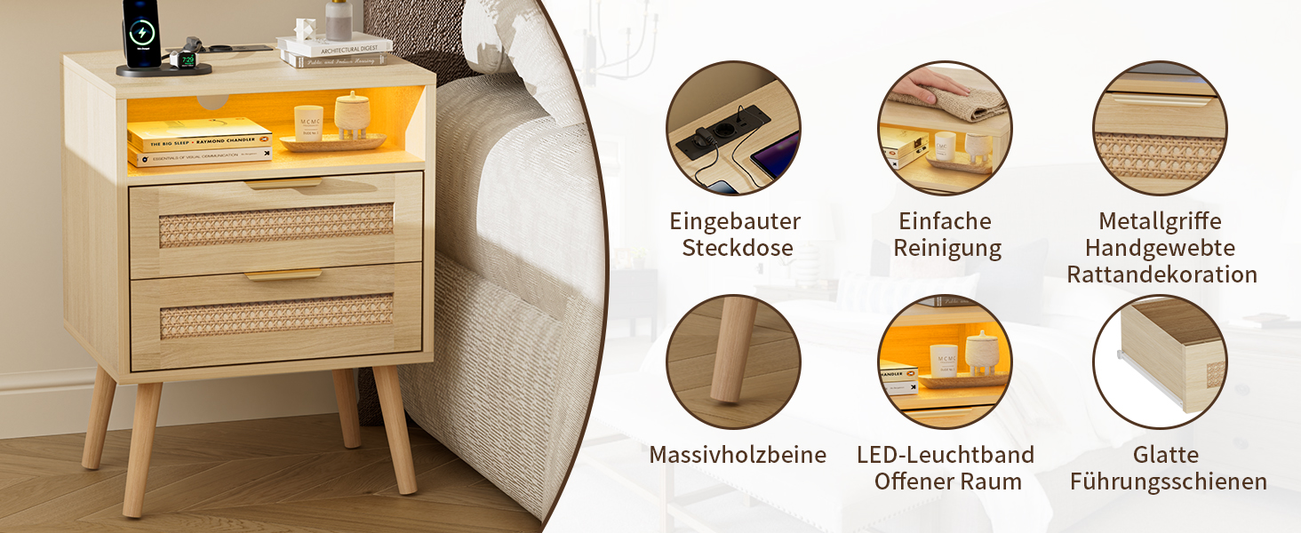 Набір з 2 приліжкових тумбочок з ротангу, LED-підсвічуванням, розетками, регульованим кольором, з відкритим простором та 2 висувними ящиками з ротангу, масивні дерев'яні ніжки, колір дерева (2 шт.)