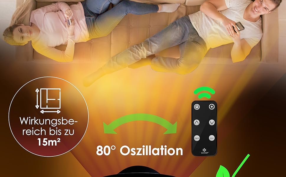 Обігрівач KESSER® 2000W з пульт дистанційного керування, керамічний, тихий, з осциляцією, таймером, 15-30°C, чорний