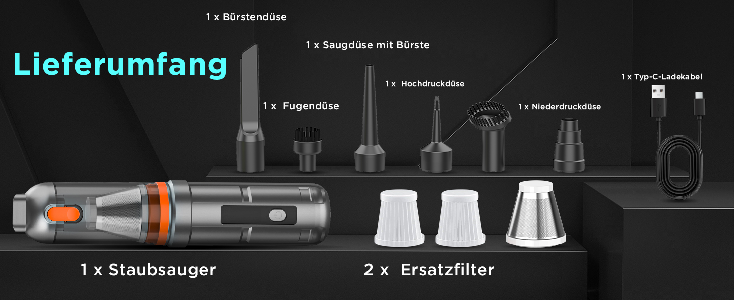Акумуляторний ручний автомобільний пилосос 16000Па, безщітковий мотор, 4-в-1, швидка зарядка для авто, дому, офісу та тварин