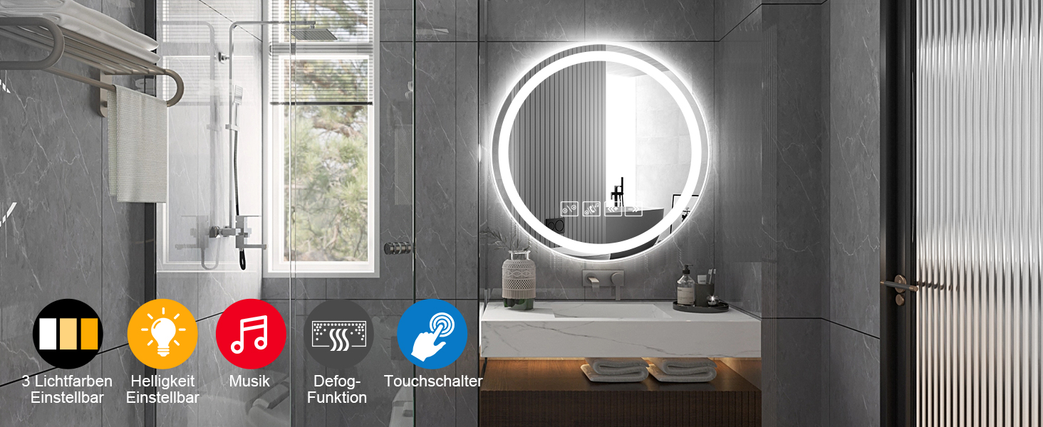 Круглий дзеркало для ванної кімнати з підсвічуванням, 60 см, LED, Bluetooth, сенсорне управління, регулювання кольору (3000K-6500K), диммування, HD-загартоване скло, 600x600 мм