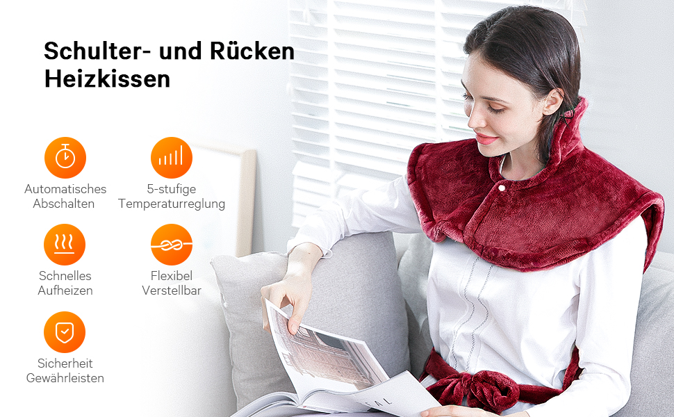 Електричний нагрівальний килимок для спини, шиї та плечей 60 x 85 см з 4 рівнями температури, захист від перегріву, машинне прання, червоний
