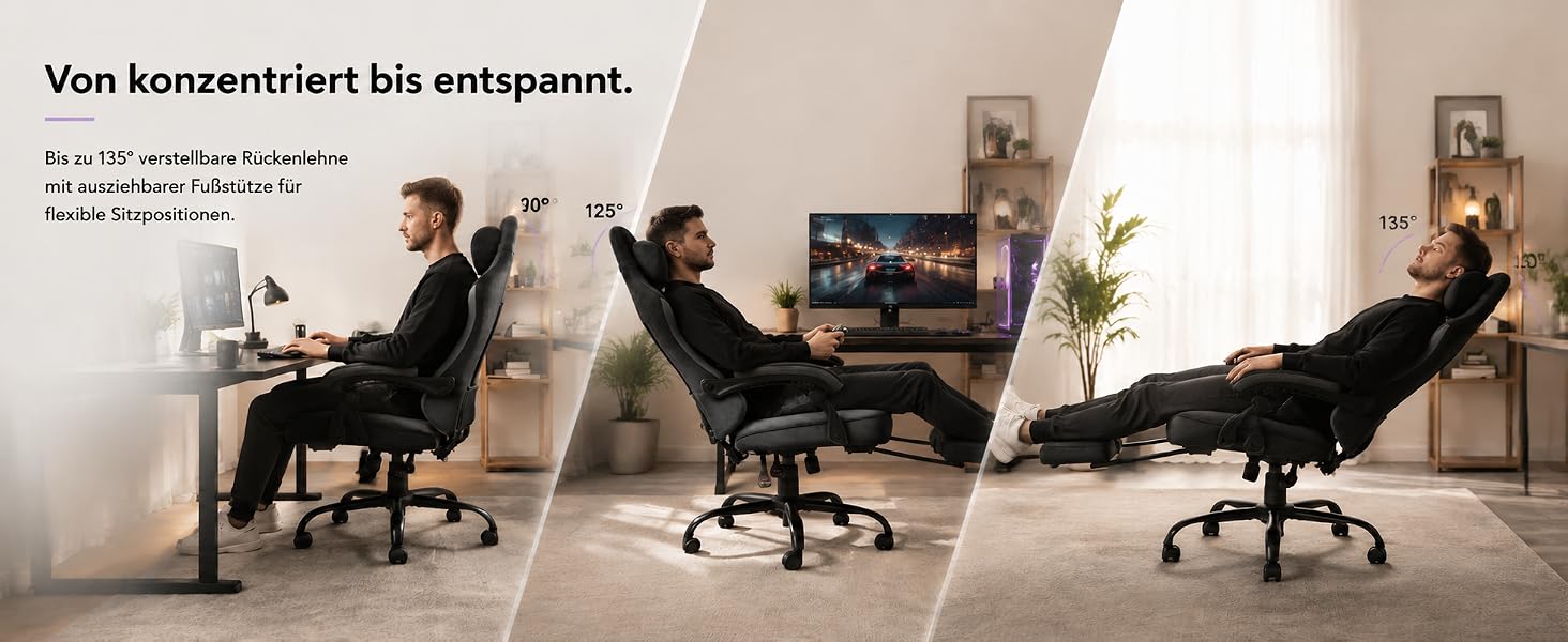 Ігрове крісло PixelPilot Ergonomic з підставкою для ніг, дихаюча тканина, підголівником та поперековою підтримкою, посилене до 150 кг, чорне