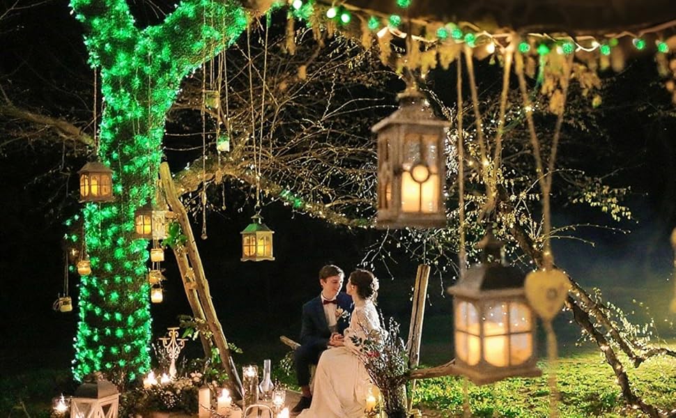 Гірлянда світлодіодна на батарейках, 100 LED, 10м, 8 режимів, пульт дистанційного керування, таймер, тепле біле світло, диммування, вологостійка, 4 зелені гірлянди