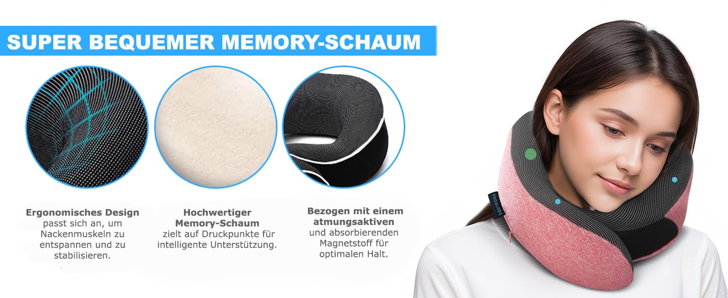 Подушка для шиї Proglobe, 100% Memory Foam, ортопедична, для подорожей (літак, авто, поїзд), з маскою для сну, сітчаста сумка (рожева)