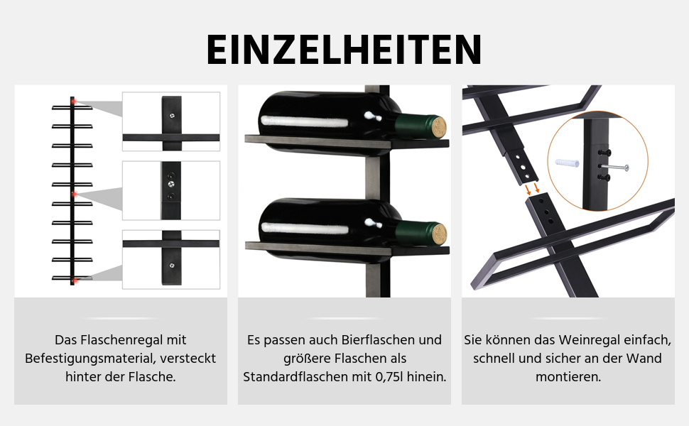 Стильна металева полиця для вин Yaheetech на 10 пляшок, чорна