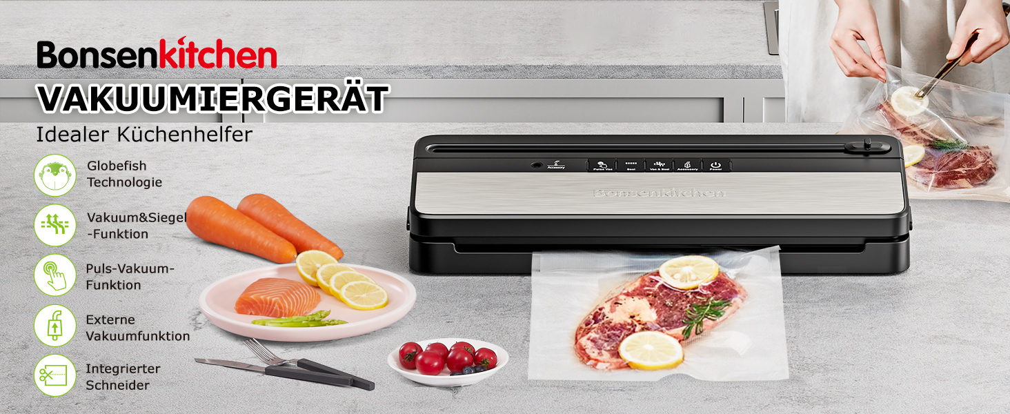 Вакууматор для продуктів Bonsenkitchen для сухих та вологих продуктів з вбудованим різачем, чорний (комплект з рулоном та пакетами)