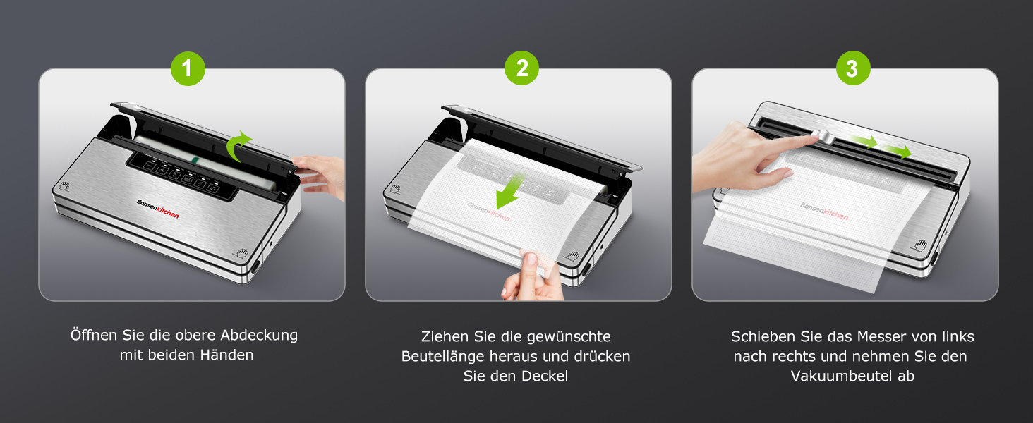 Вакууматор Bonsenkitchen для продуктів, потужний вакуумний пакувальник з 5 режимами, 8 л/хв, сріблястий (комплект: 5 пакетів та 1 рулон)