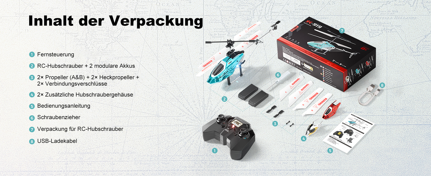 RC Гелікоптер XIKOTEC на радіокеруванні з 2 акумуляторами, LED підсвічуванням, автоматичним злетом/посадкою - іграшка для хлопчиків від 8 років, синій