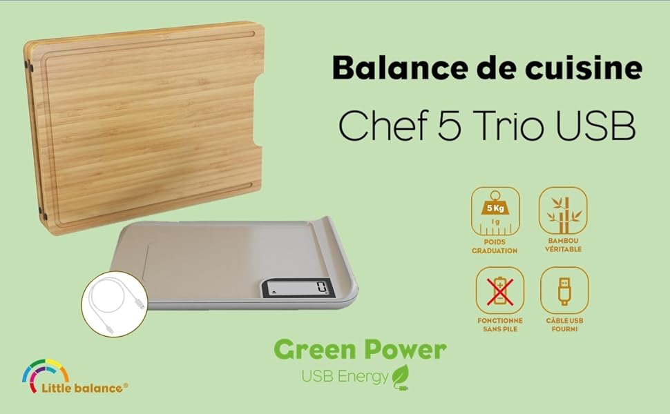 Кухонні ваги LITTLE BALANCE 8399 Chef 5 Trio USB, акумуляторні USB, ваги 3-в-1, нарізка, зважування, заливка, все в одній кухонній вазі, 5 кг, чорний і бамбуковий