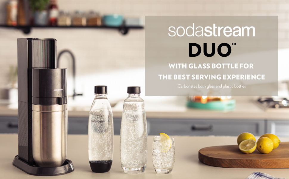 Сифон для газування води SodaStream Duo, з пластиковою пляшкою 1 л (BPA-free), скляним графином 1 л та циліндром CO2 на 60 л (швидке підключення), чорний