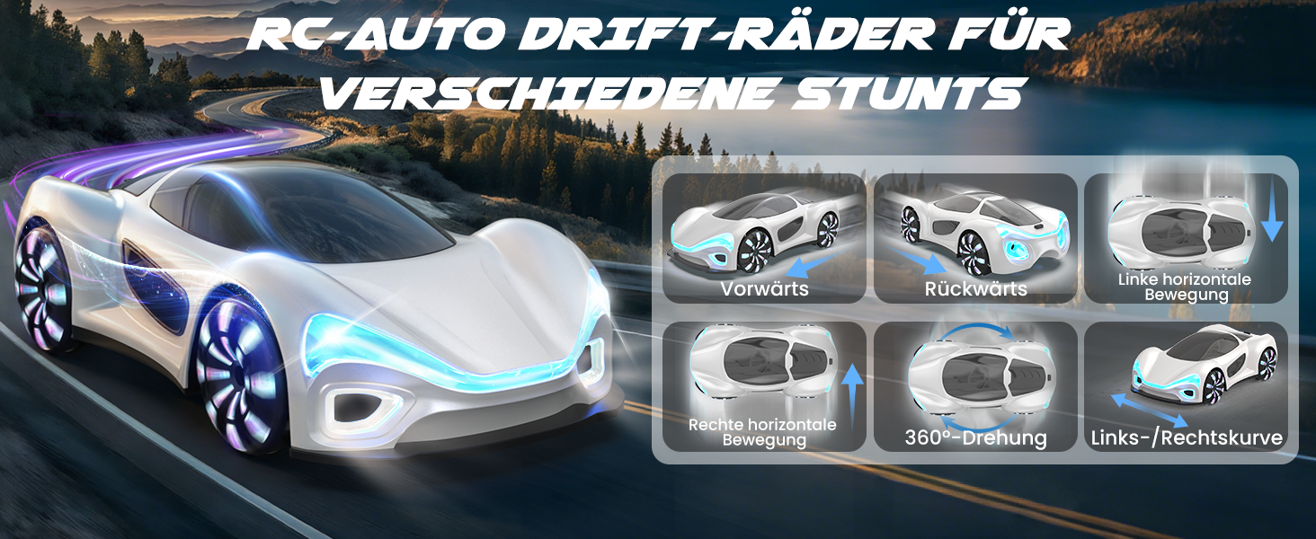 SIMREX RC Автомобіль 360° Дрифт Stunt Авто на радіокеруванні з LED підсвіткою дисків та туманом, 2.4GHz для дітей та дорослих від 6 років, подарунок на день народження, білий