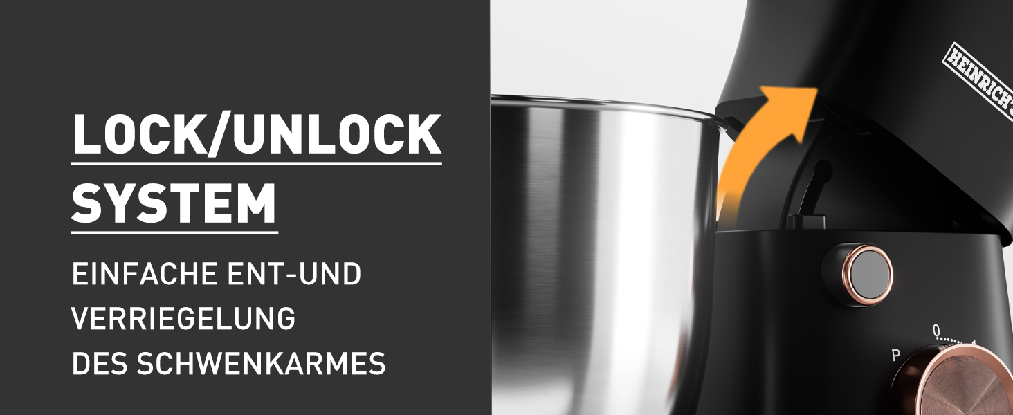 Кухонна машина Heinrichs 1500W з місткою чашею 6L з нержавіючої сталі, 10 швидкостей, титан, міксер, тістоміс, планетарний міксер