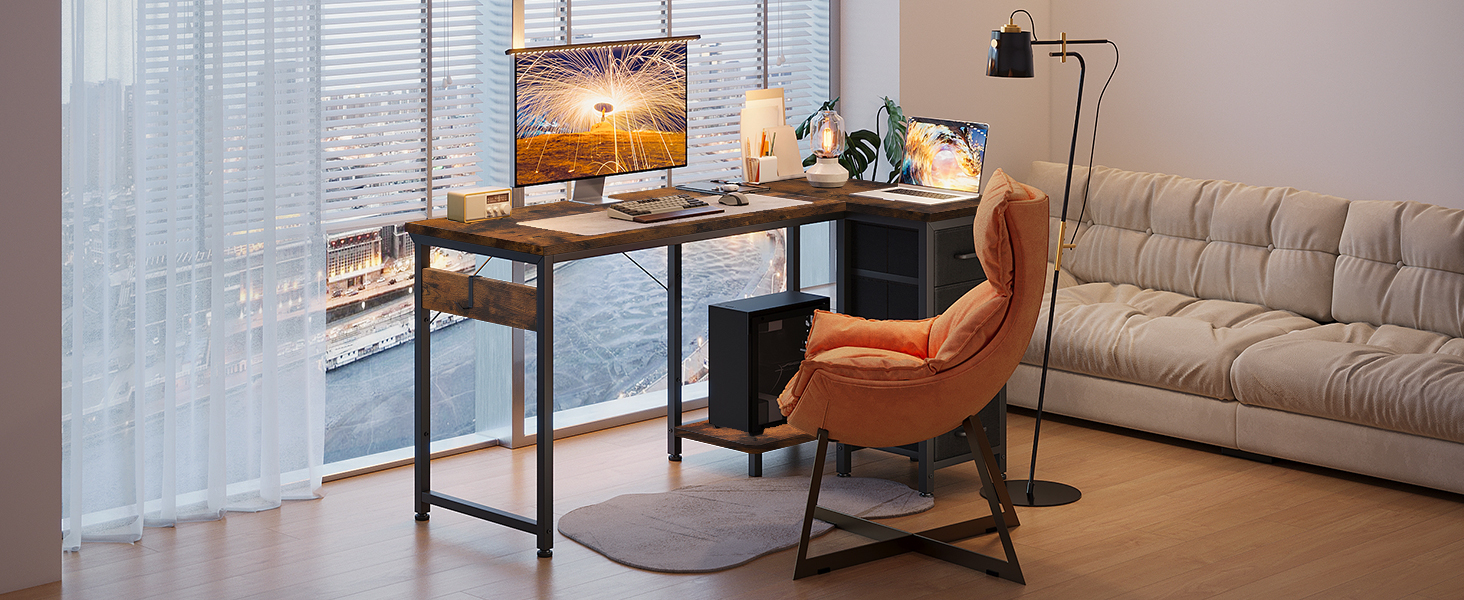 Комп'ютерний стіл кутовий Coleshome 120x70 см з 4 висувними ящиками, для офісу, кабінету, спальні, вінтажний коричневий