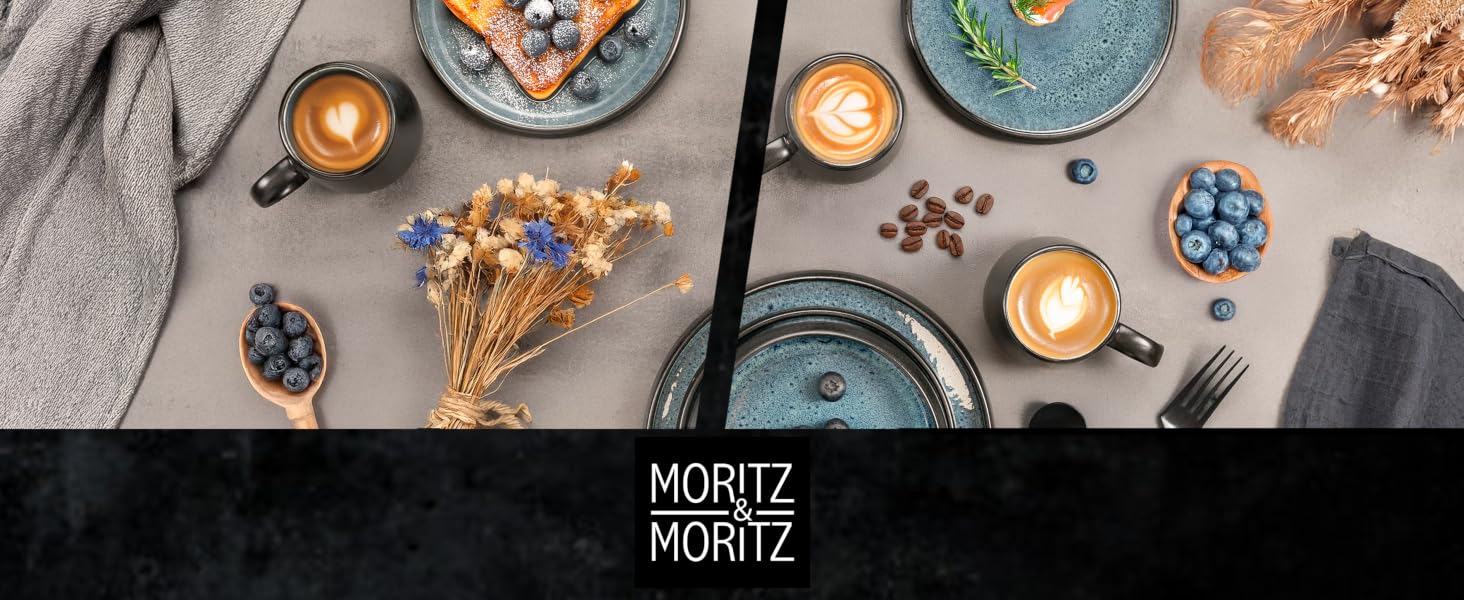 Набір керамічного посуду Moritz & Moritz SOLID, 24 предмети на 6 осіб, синій: обідні, десертні та глибокі тарілки, чашки з ручкою