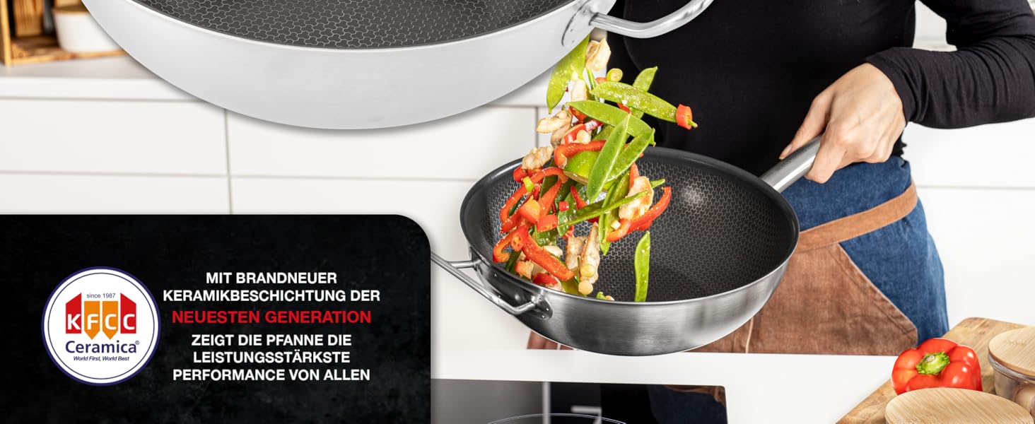 Вафельниця Moritz & Moritz з нержавіючої сталі 30 см з керамічним покриттям нового покоління - підходить для всіх типів плит - антипригарний вок з комірчастою структурою для смаження, тушкування та варіння без кришки