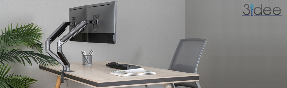 Кріплення для монітора 3IDEE Flexi-Lite: 2 монітори, 17-32 дюйми, до 9кг, VESA 75x75/100x100, регульована висота, сірий колір