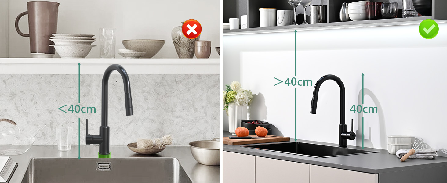 Змішувач для кухні високого тиску з висувним душем, поворотний на 360°, 2 режими струменя, нержавіюча сталь, чорний