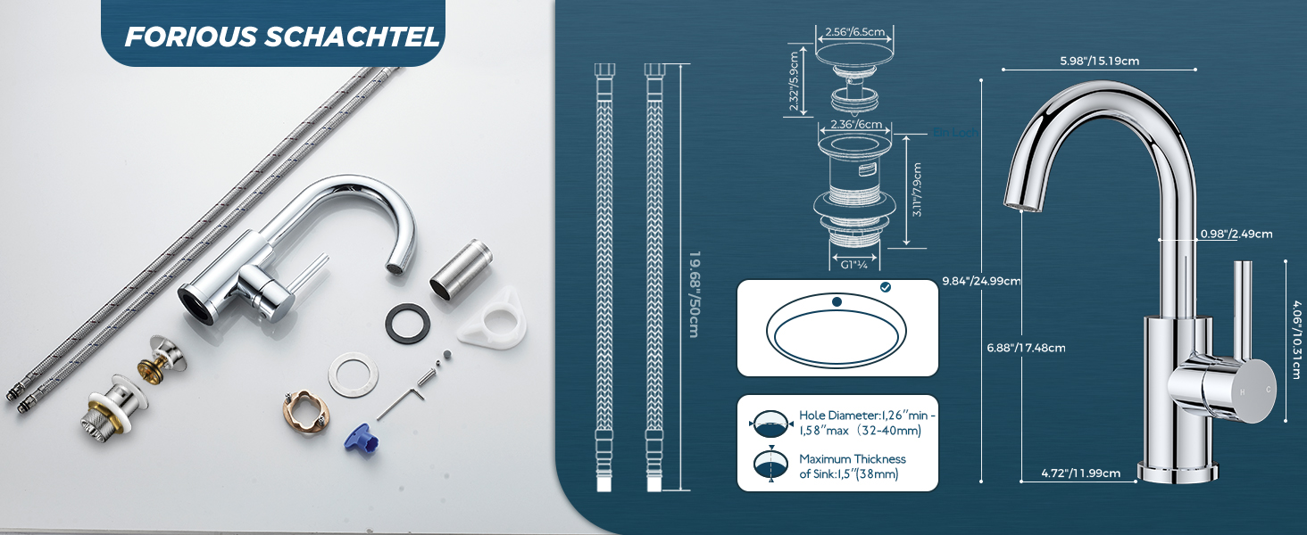 Змішувач для ванної кімнати/кухні FORIOUS Hoch 360° з нержавіючої сталі, з можливістю повороту 360°, з підключенням до гарячої та холодної води, для мийки, висота виливу 175 мм, полірована хром