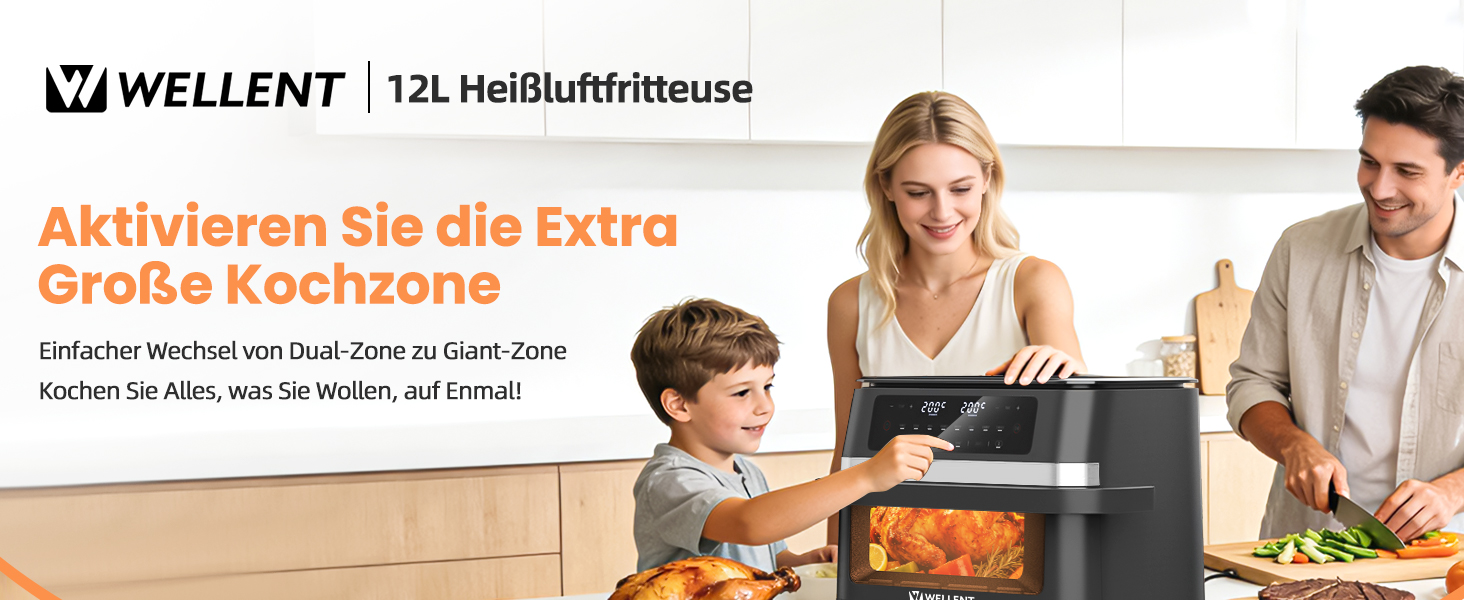 Аерофритюрниця WELLENT 12L Dual Zone XXL - двокамерна фритюрниця з гарячим повітрям 2950W (6+6Л), з вікном перегляду, функціями Match & Sync та нагадуванням про струшування, придатна для посудомийки