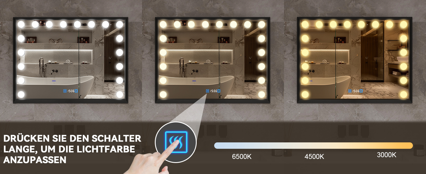 Дзеркало для ванної кімнати YOURLITE з LED-підсвічуванням 100x60 см, сенсорне управління, годинник, антизапотівання, 3 кольори світла, регулювання яскравості, функція пам'яті, білий/чорний