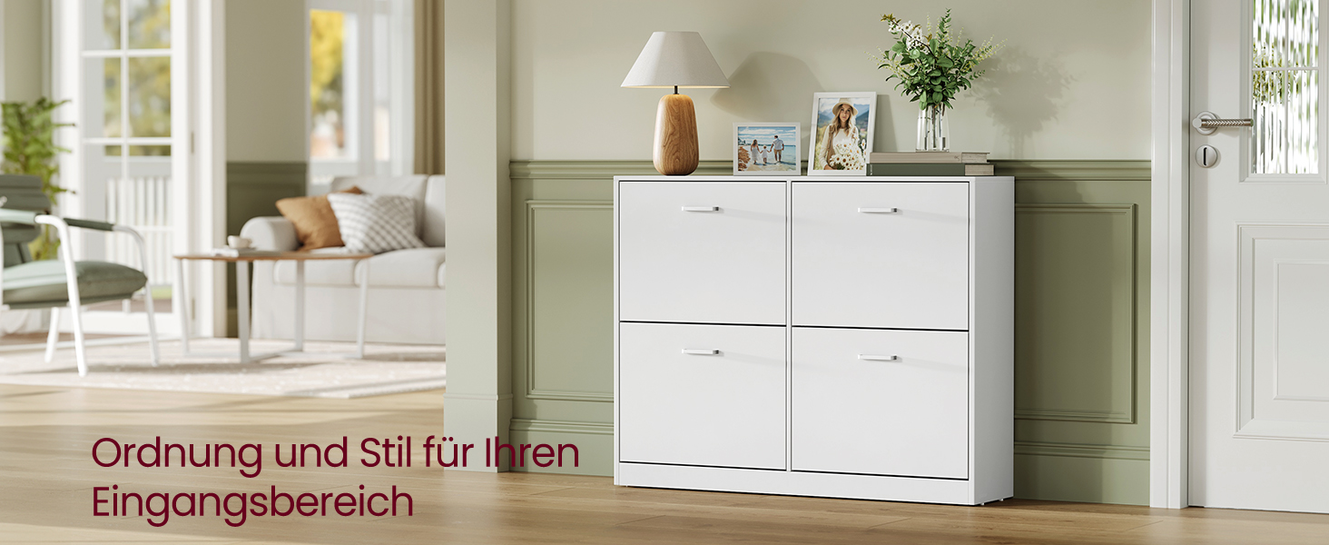 Шафа для взуття VASAGLE з 4-ма дверцятами, 16-28 пар, білий колір, регульована перегородка, 24 x 105,5 x 82,7 см