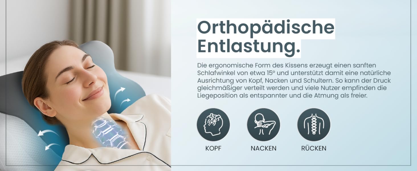 Ортопедична подушка для шиї при болях у шиї з високоякісної піни з пам'яті - Ергономічна подушка для шиї - Подушка для сну на боці, спині та животі - пральний чохол при 40°C Білий (61 x 40 x12, Сірий)