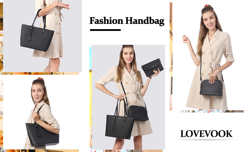 LOVEVOOK Набір сумок для жінок: 3 шт. (шопер, сумка на плече, сумка з ручкою) для подорожей, бізнесу, покупок. Чорний колір, срібна фурнітура