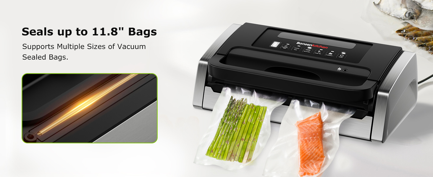 Вакууматор Bonsenkitchen для продуктів, потужний вакуумний пакувальник 15л/хв, з інтегрованим різаком та ручкою-фіксатором, чорний (комплект з 100 пакетами)