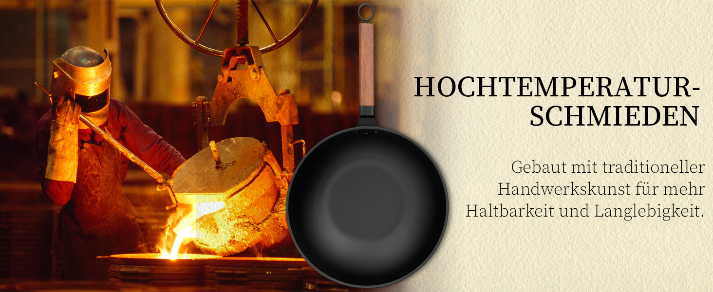 Вок Jobin 33 см з кришкою з термостійкого скла, з вуглецевої сталі, без хімічного покриття, для азіатської кухні, сумісний з індукційними, газовими, електричними та керамічними плитами, чорний