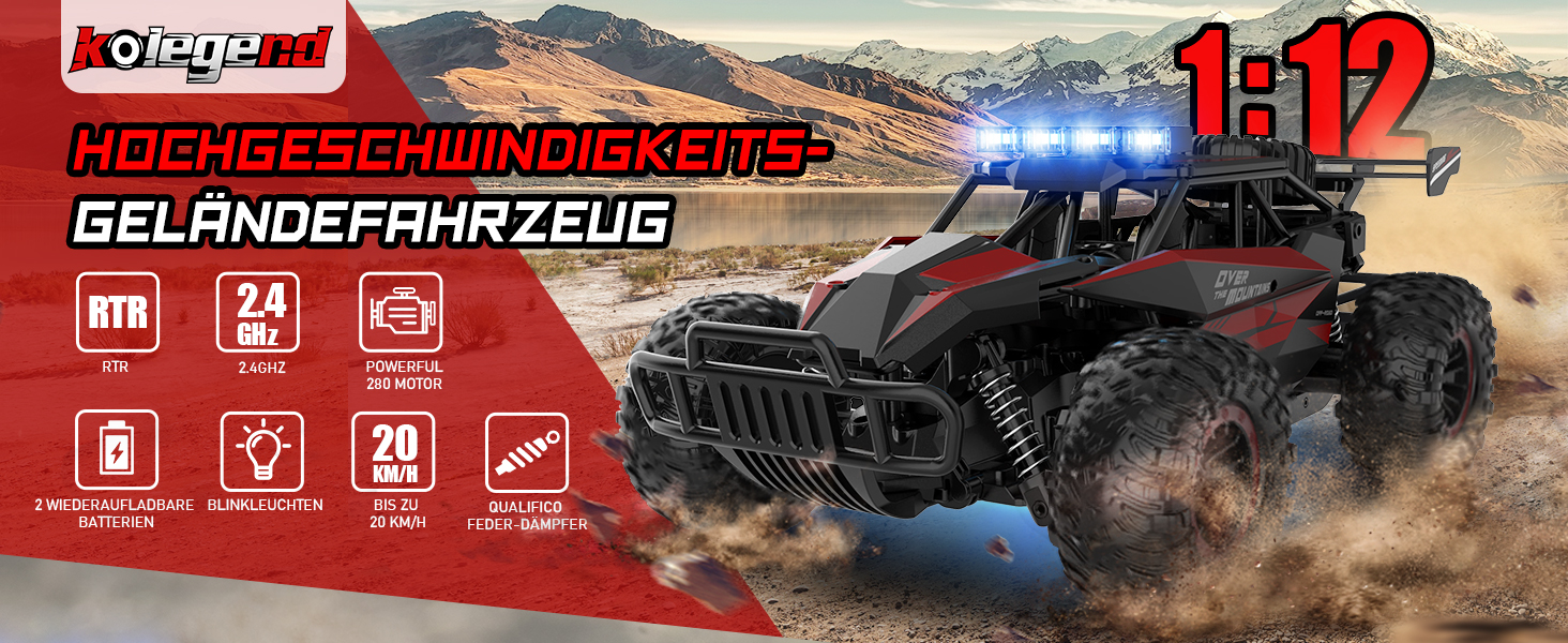 Радіокерований позашляховик Kolegend для хлопчиків, 2 акумулятори, 50 хв, масштаб 1:12, 25 км/год, 2.4 GHz, червоний