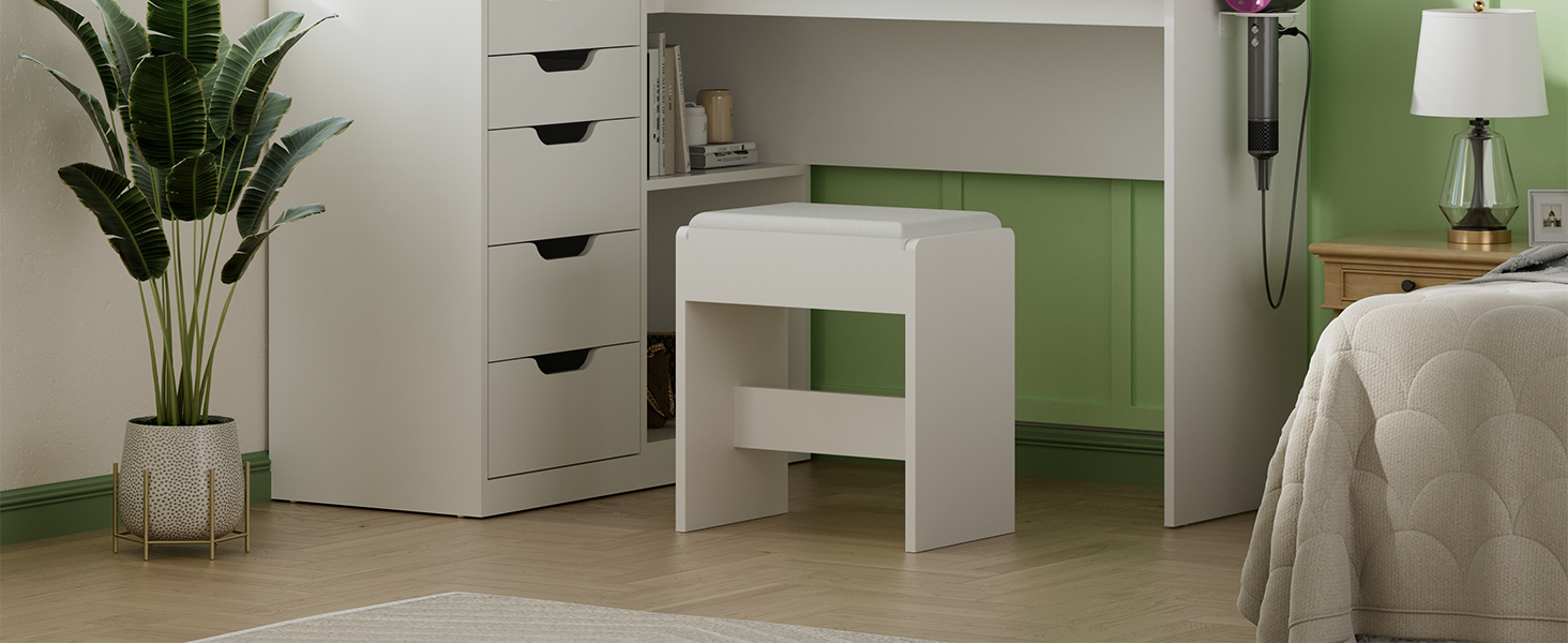 Дзеркальний столик для макіяжу Devoko з LED-підсвічуванням та пуфом, кутовий туалетний столик з розеткою, 5 ящиків, відкриті полиці, тримач для фену, для спальні (білий)