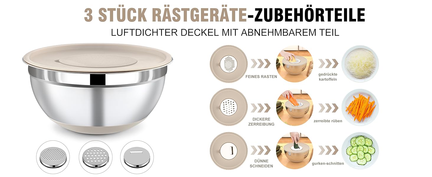 Набір місок для перемішування BEWOS 7 шт. з кришкою, нержавіюча сталь, з терткою, вкладна конструкція, розміри 0.5, 1, 1.4, 1.85, 2.35, 3.2, 4 л для змішування та подачі