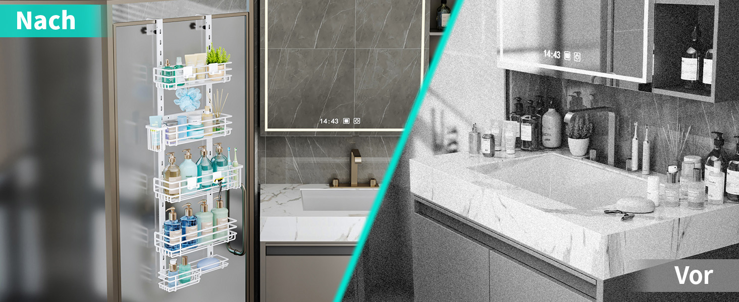 Настінна поличка для душу HapiRm з 22 гачками та 2 тримачами для зубних щіток, 5 ярусів (білий)