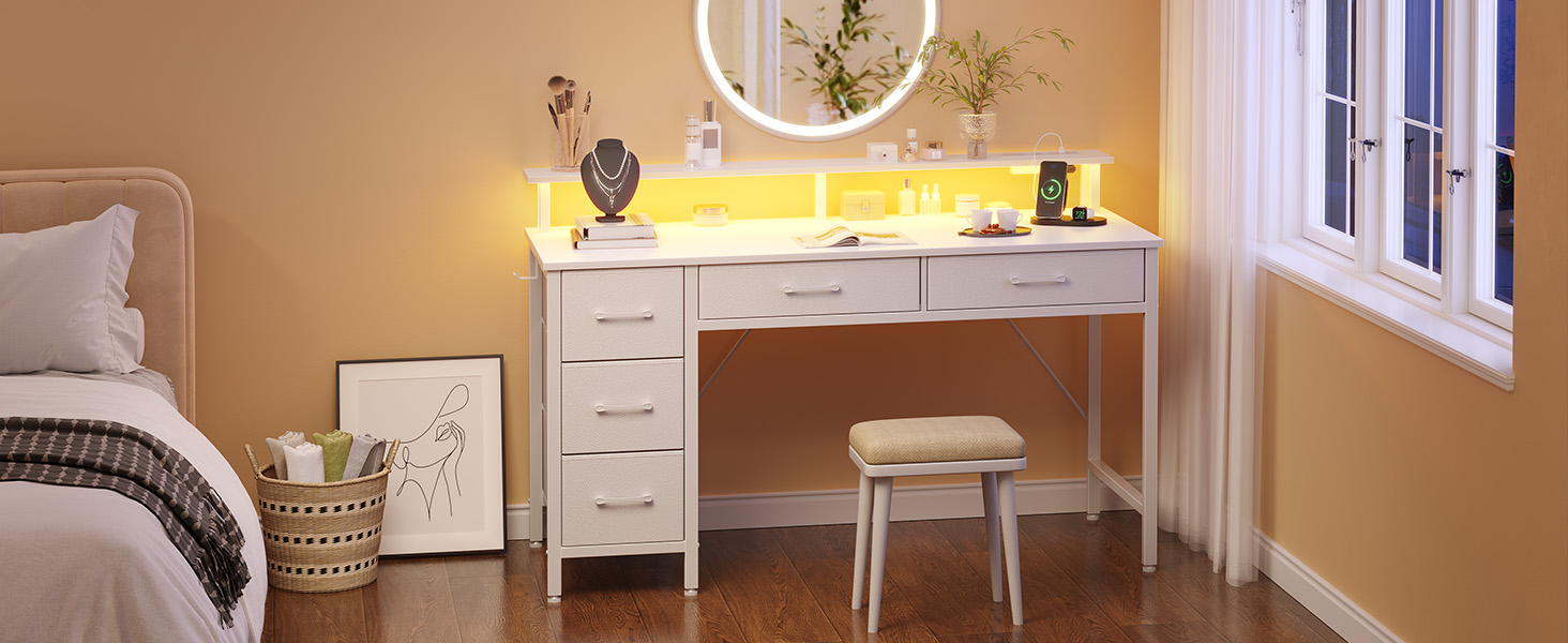 Комп'ютерний стіл Seventable з розетками та LED-підсвічуванням, 100 см, ігровий стіл з 5 шухлядами, стіл для офісу, робочого кабінету, спальні, вітальні, білий