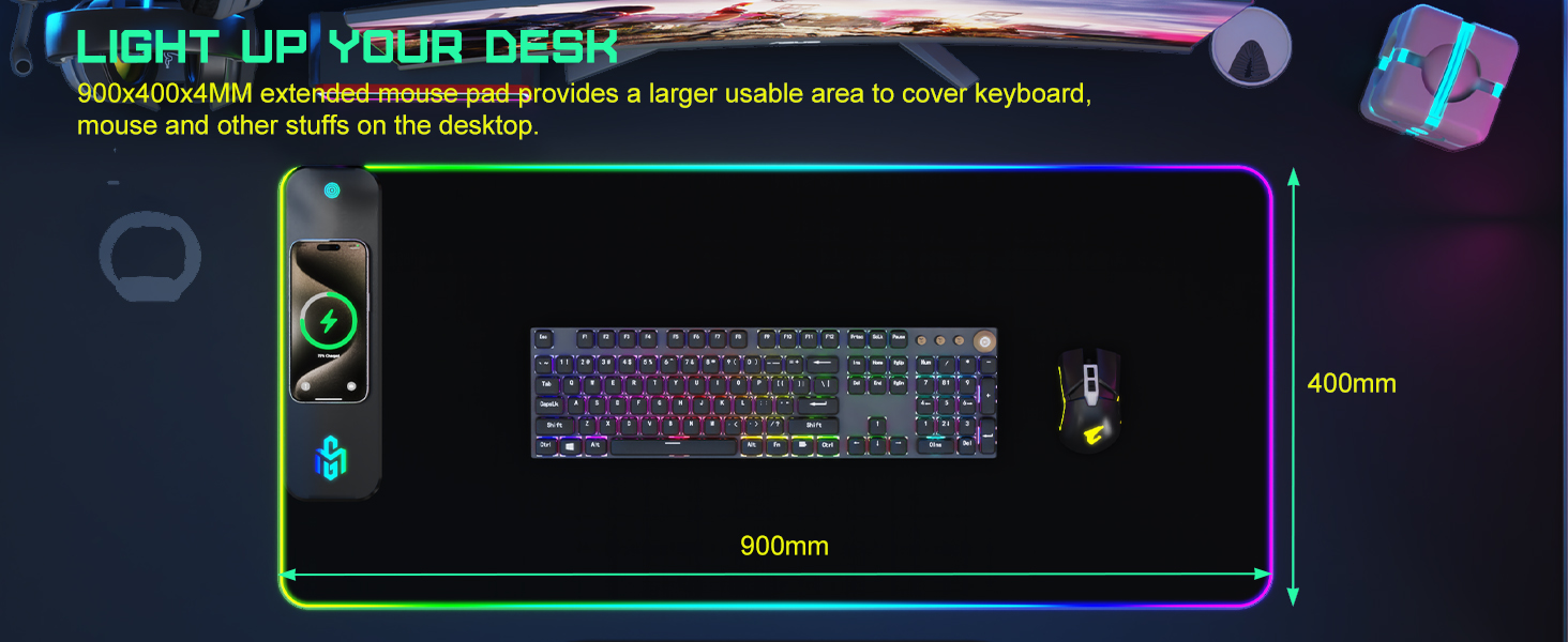 Ігрова килимок для миші RGB з бездротовою зарядкою Qi 15W, LED-підсвічування, 10 режимів, вологостійкий, протиковзкий, для геймінгу, офісу та дому (Чорний)