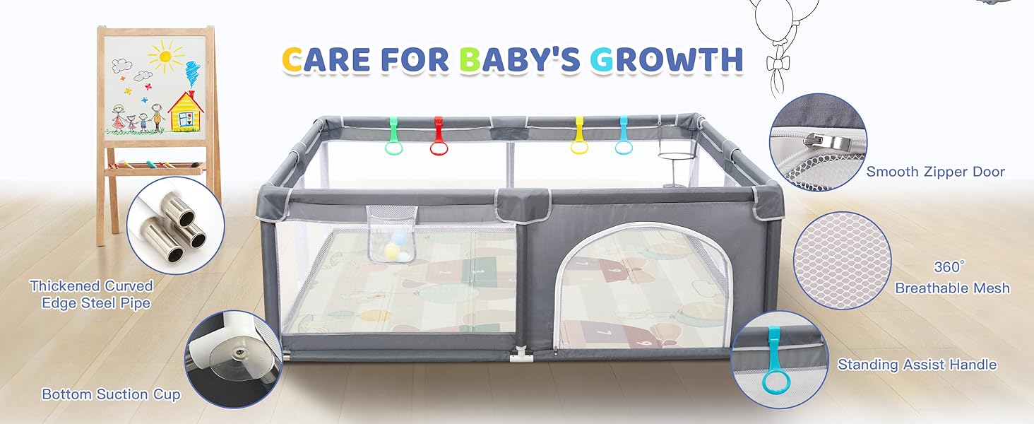 Манеж дитячий CHOLY для немовлят та малюків, 128x128 см, сірий з килимком 150x180 см - безпечний, міцний, з сіткою та захистом